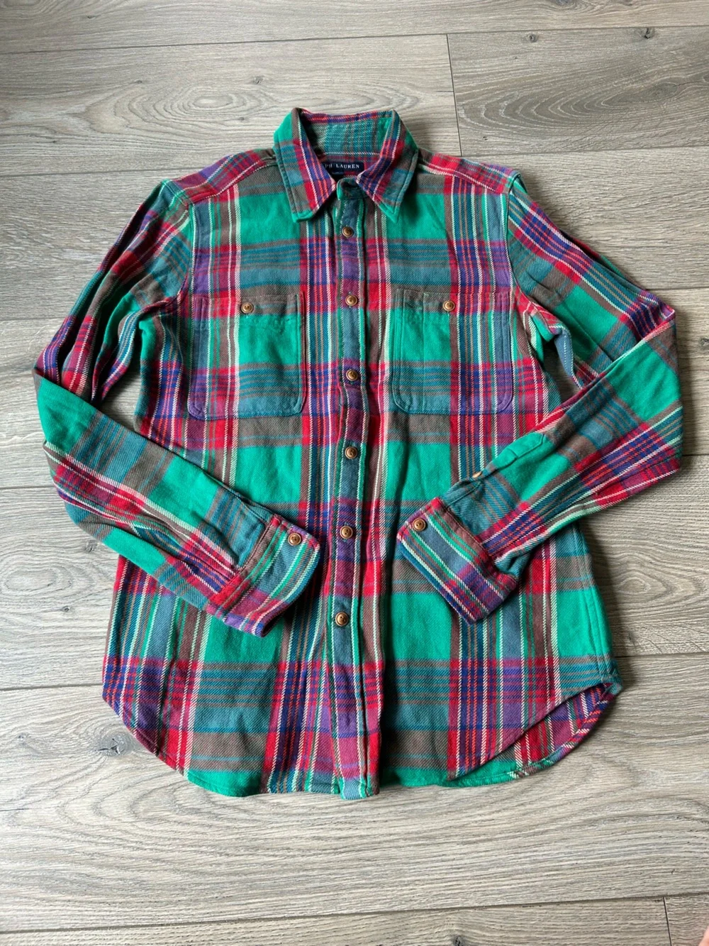 Ralph Lauren Green Plaid Flannel Button-Down Shirt Size 12